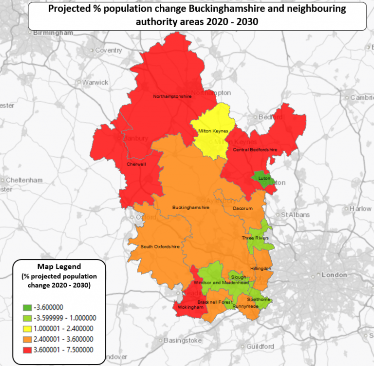 Map showing population change in Buckinghamshire and adjacent authority areas
