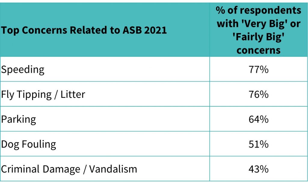 A table summarising the biggest concerns of residents in relation to Anti-Social Behaviour, and the percentage of respondents with that concern
