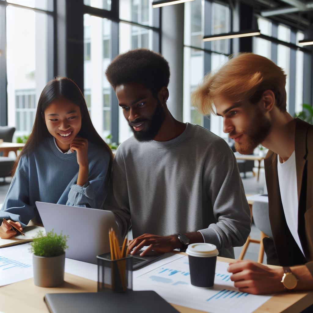 Image of three young people at a desk looking at a laptop. Image created by AI.